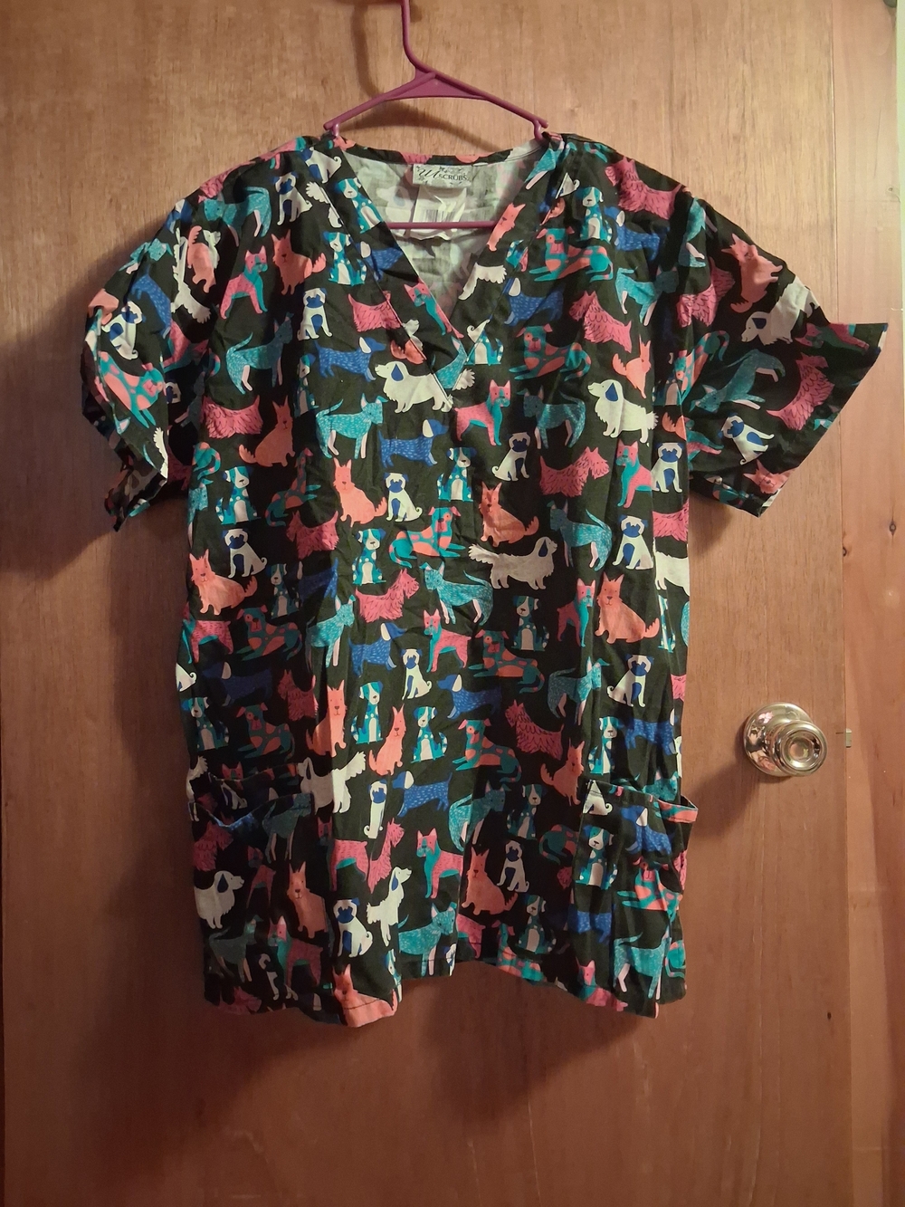 UA Scrubs Multicolor Dog Print V-Neck Medical Scrub Top